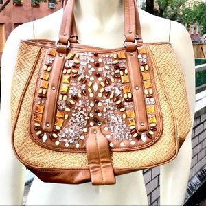 Cole Haan Straw Leather Crystal Stone Tote  Bag
